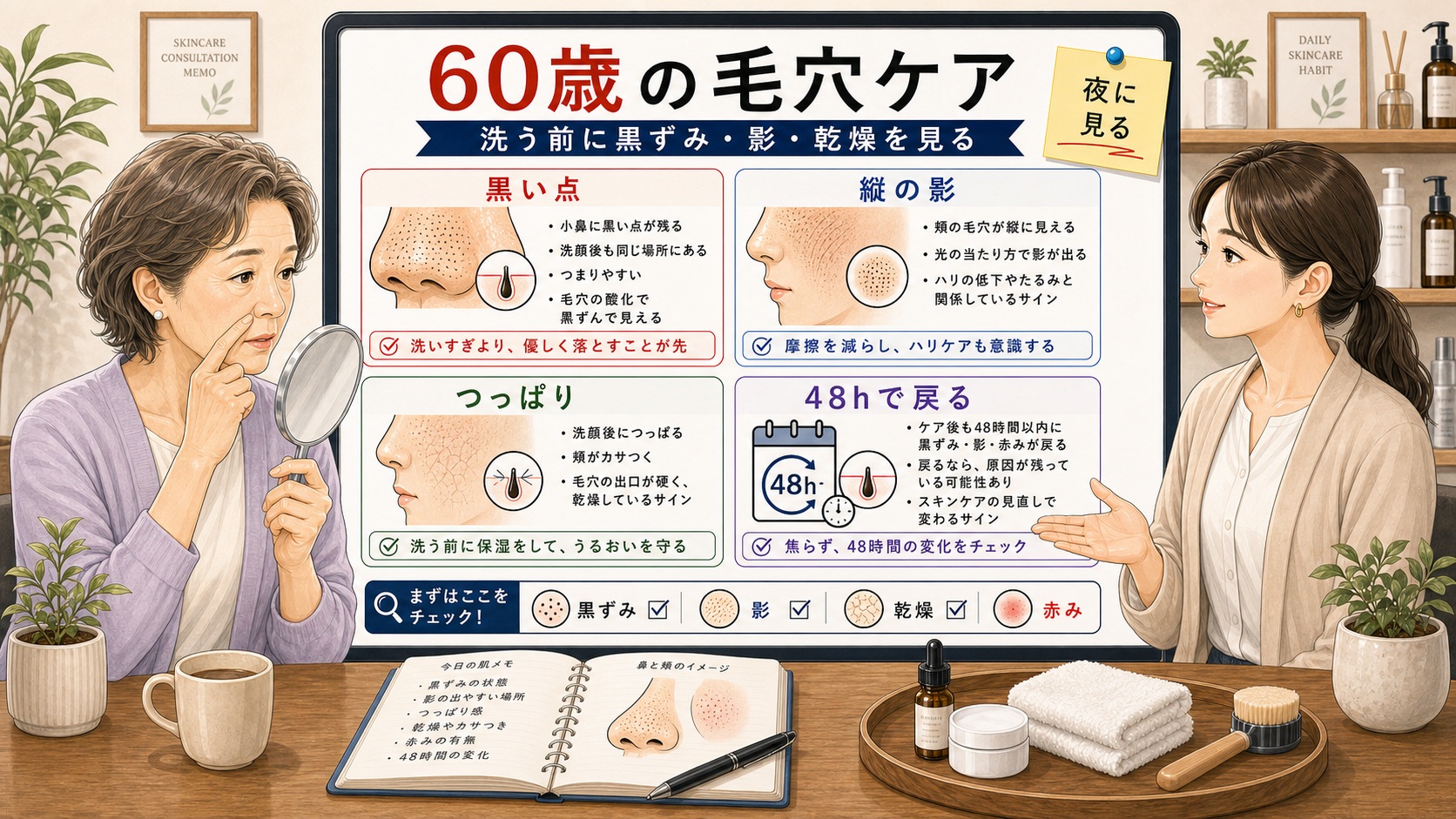 60歳の毛穴ケアで洗う前に黒ずみと影と乾燥を確認する図解