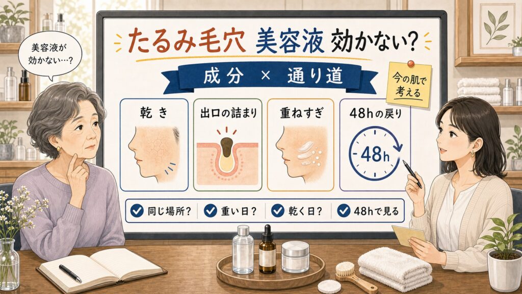 たるみ毛穴に美容液が効かない理由をChocobraラボの判断ボードで整理する1433基準の図解