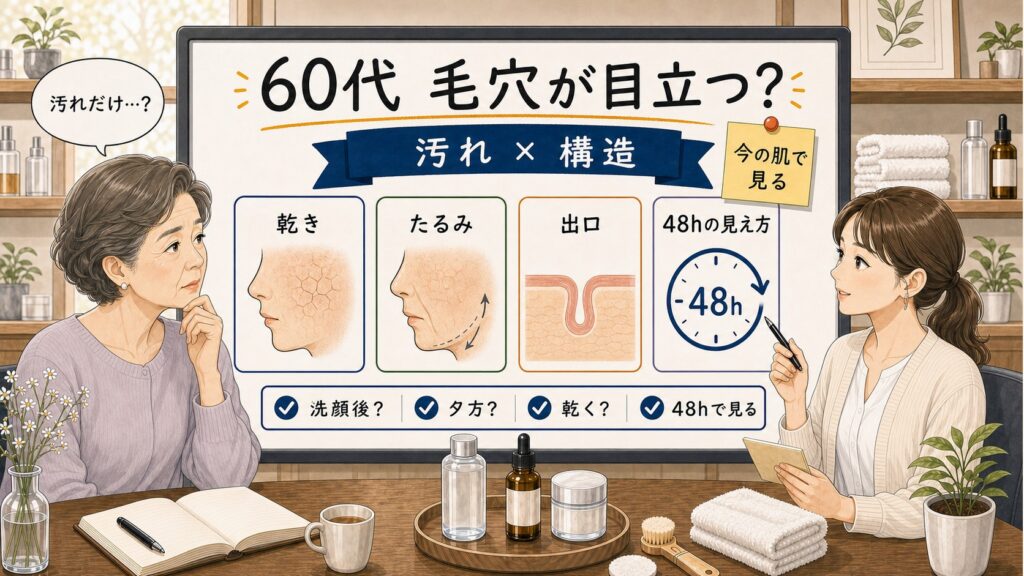 60代女性の毛穴が目立つ理由を汚れと肌構造からChocobraラボの相談ボードで整理するイラスト