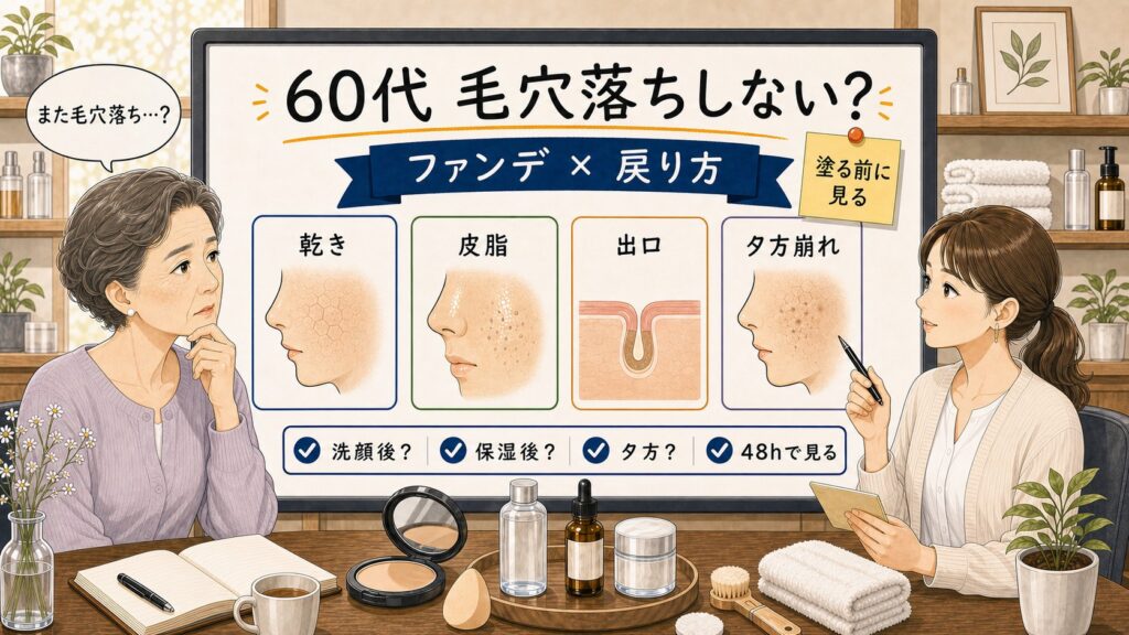 60代女性の毛穴落ちしないファンデーション選びをChocobraラボの相談ボードで整理するイラスト