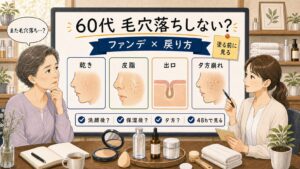 60代女性の毛穴落ちしないファンデーション選びをChocobraラボの相談ボードで整理するイラスト
