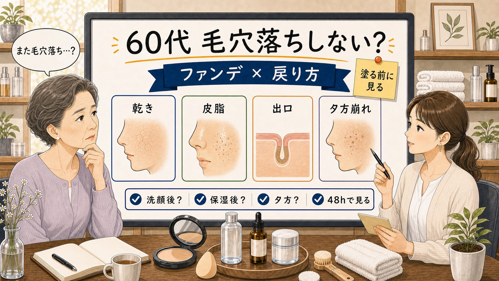 60代女性の毛穴落ちしないファンデーション選びをChocobraラボの相談ボードで整理するイラスト