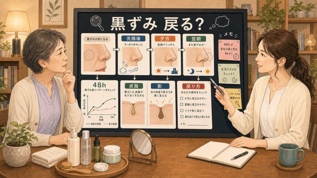 毛穴黒ずみが洗顔後から48時間以内に戻る流れを皮脂と影と角質で整理するChocobraラボの相談ボード