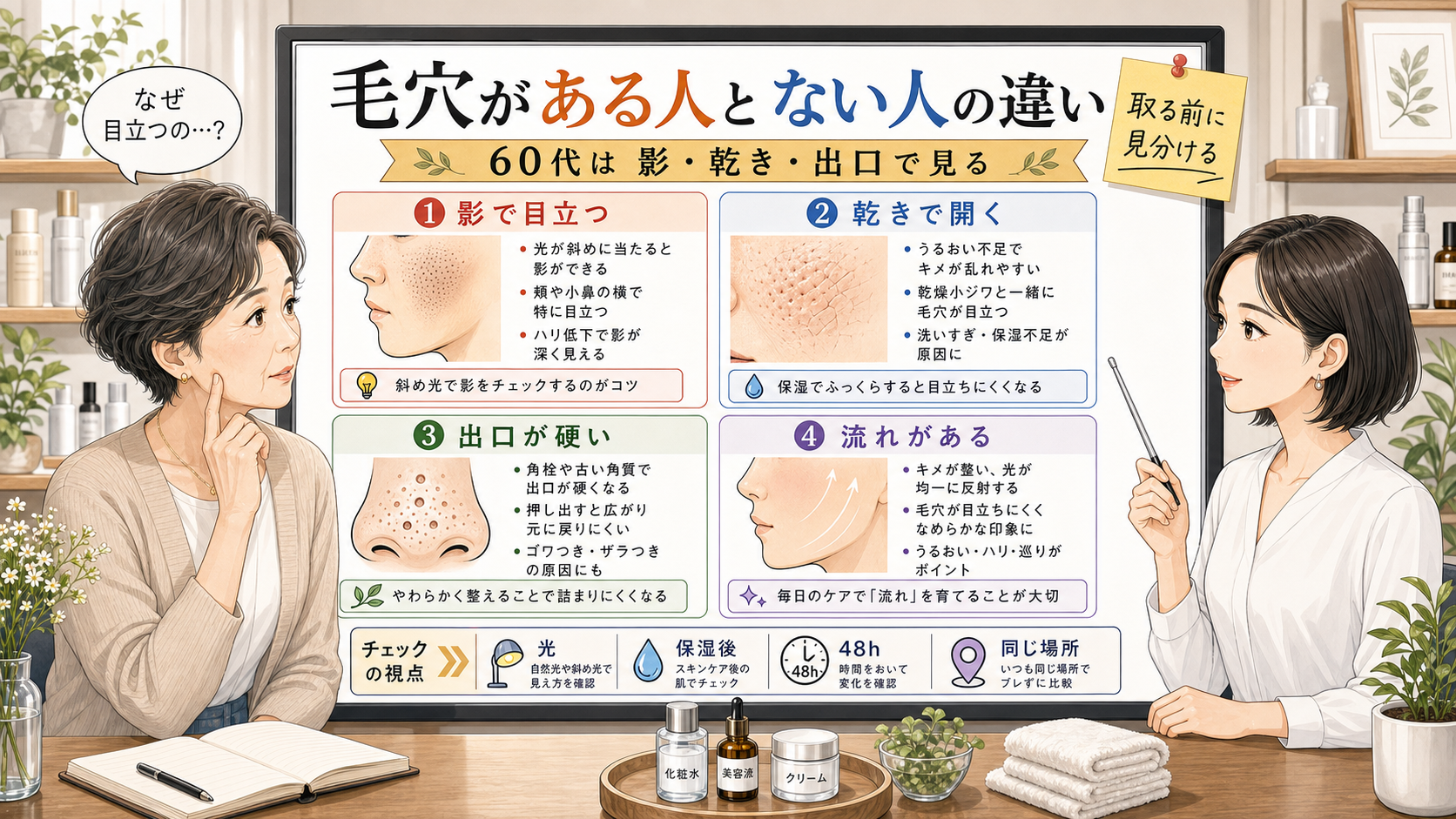 毛穴がある人とない人の違いを60代の影・乾き・出口で見分ける相談ボード