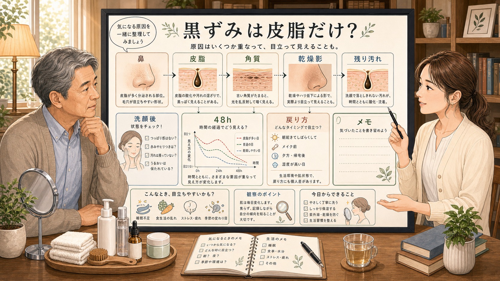 60代男性の毛穴黒ずみを皮脂と角質と乾燥影と残り汚れと48時間の戻り方で整理するChocobraラボの相談ボード