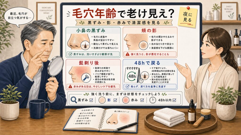 毛穴年齢で老けて見える60代男性の黒ずみと影と赤みを確認する図解