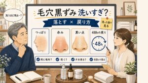 60代男性の毛穴黒ずみと洗いすぎの見分け方をChocobraラボの相談ボードで整理するイラスト