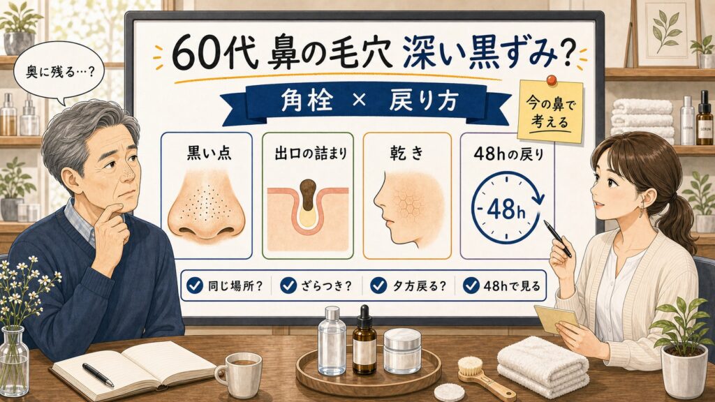 60代男性の鼻の毛穴と深い黒ずみをChocobraラボの相談ボードで整理するイラスト