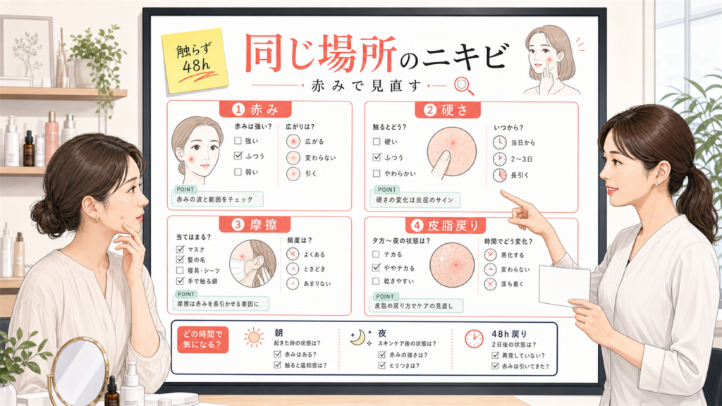 同じ場所に戻るニキビを赤みと48時間で見直す相談ボード