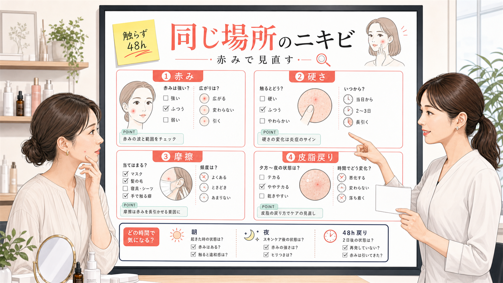 同じ場所に戻るニキビを赤みと48時間で見直す相談ボード