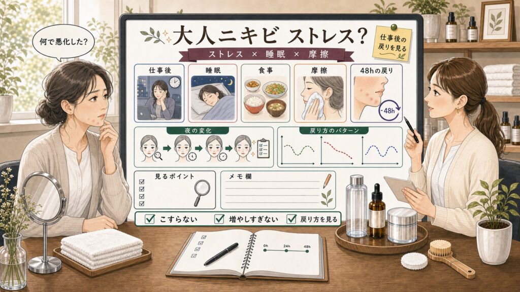 大人ニキビとストレスの関係を仕事後と睡眠と食事と摩擦と48時間の戻り方で整理するChocobraラボの相談ボード