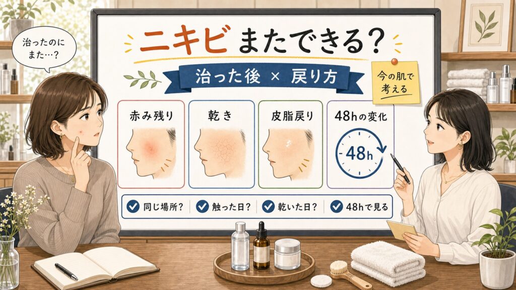 ニキビが治ったらまたできる理由をChocobraラボの判断ボードで整理する1433基準の図解