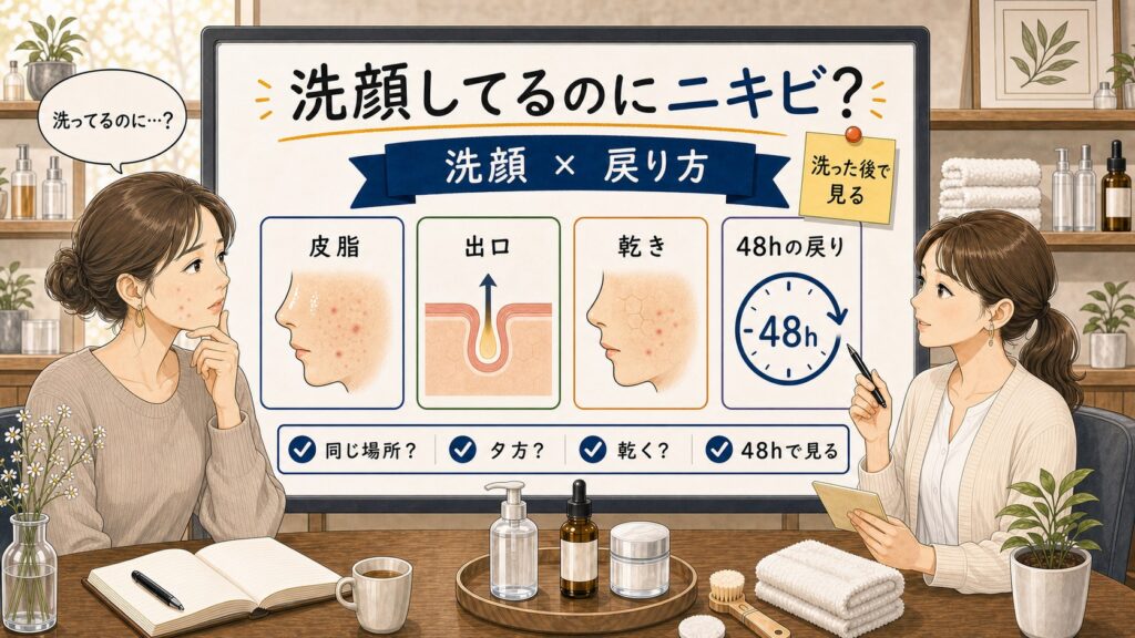 洗顔しているのにニキビが出る理由をChocobraラボの相談ボードで整理するイラスト