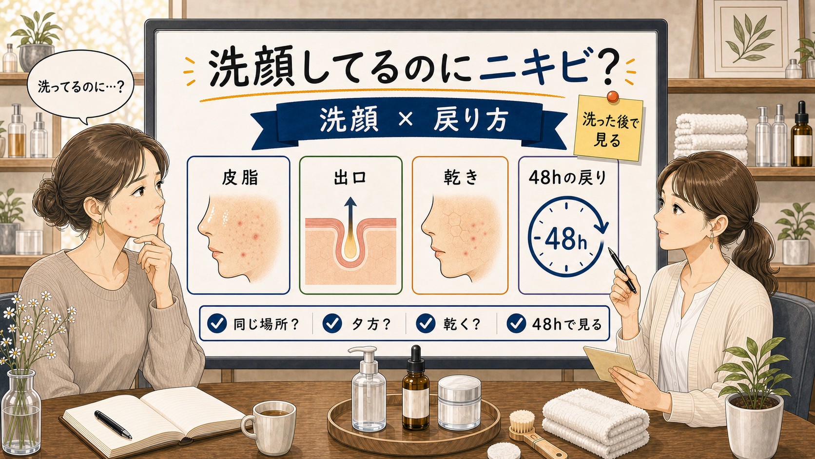 洗顔しているのにニキビが出る理由をChocobraラボの相談ボードで整理するイラスト