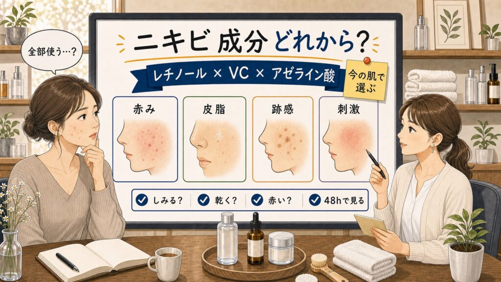 大人ニキビにレチノールとビタミンCとアゼライン酸のどれを選ぶかChocobraラボの相談ボードで整理するイラスト