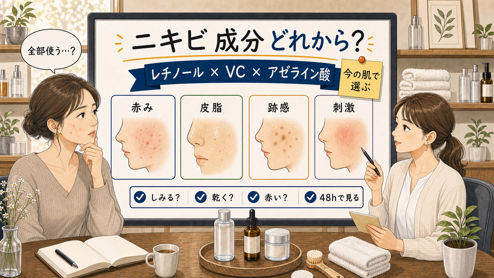 大人ニキビにレチノールとビタミンCとアゼライン酸のどれを選ぶかChocobraラボの相談ボードで整理するイラスト