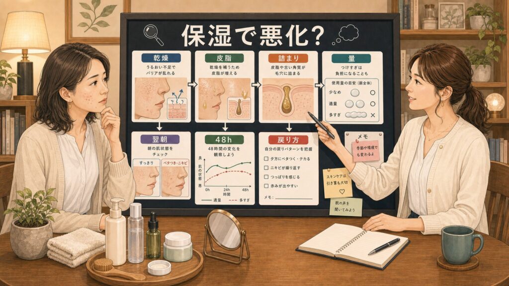 保湿でニキビが悪化して見える理由を乾燥と皮脂と詰まりと量と48時間の戻り方で整理するChocobraラボの相談ボード