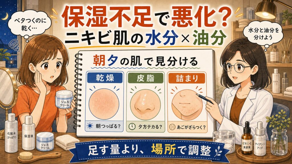 保湿不足とニキビ悪化を乾燥と皮脂と詰まりで見分けるイラスト