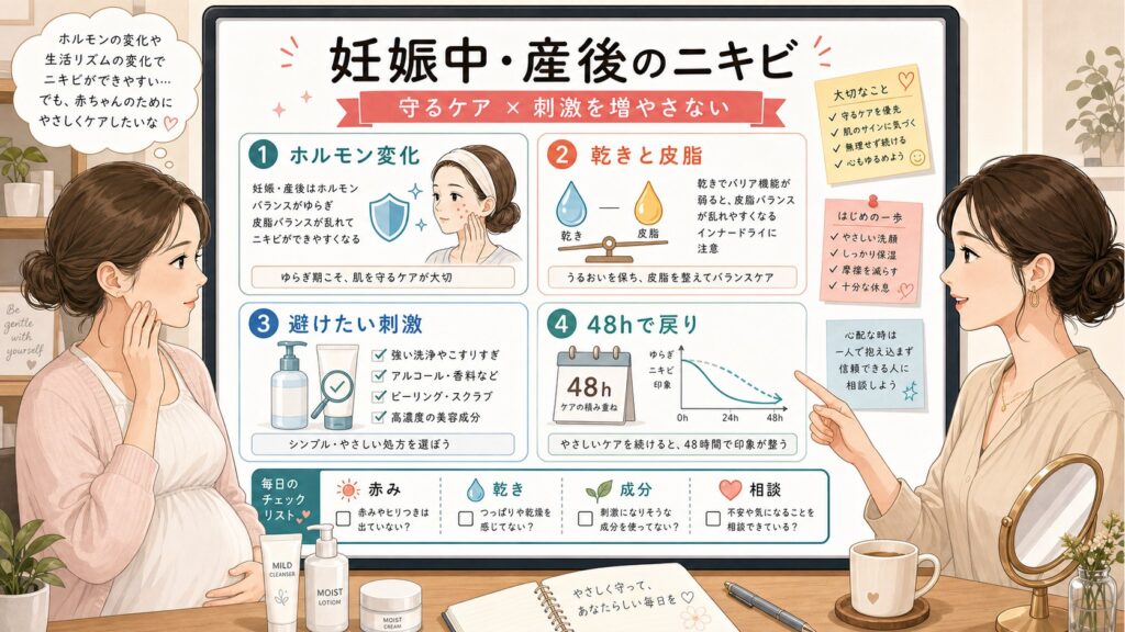 妊娠中と産後のニキビを守るケアと刺激で見分ける1433基準の図解