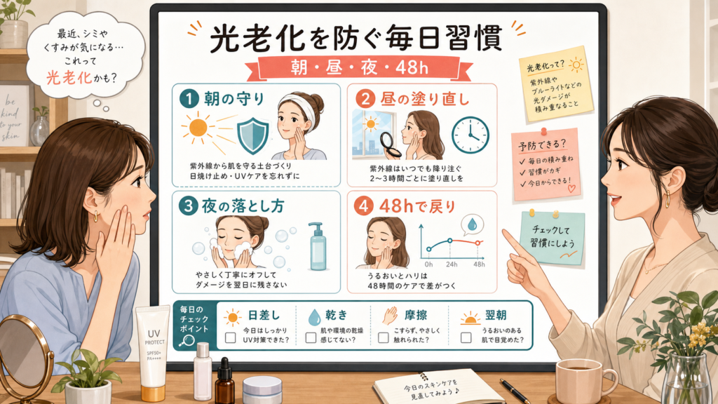 光老化予防を朝昼夜と48時間で見直す1433基準の図解