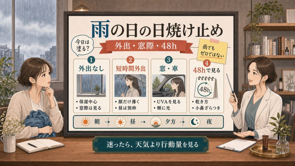 雨の日の日焼け止めが必要かを外出時間、窓際、車移動、48時間の肌の戻り方で整理する美容相談ボード