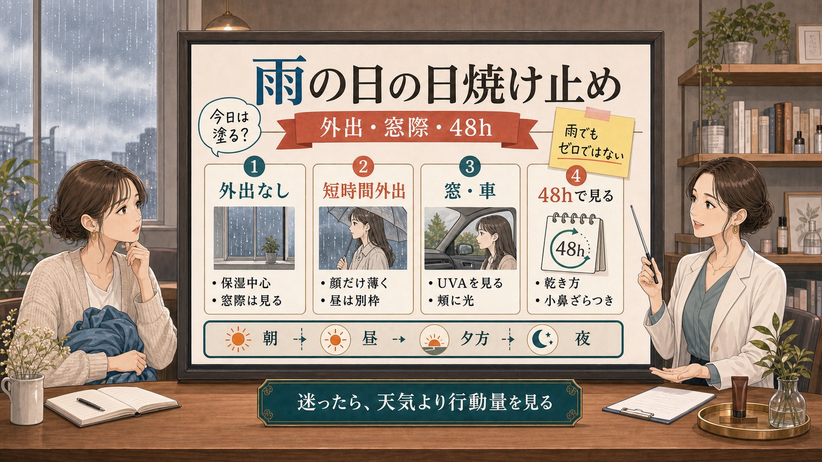 雨の日の日焼け止めが必要かを外出時間、窓際、車移動、48時間の肌の戻り方で整理する美容相談ボード