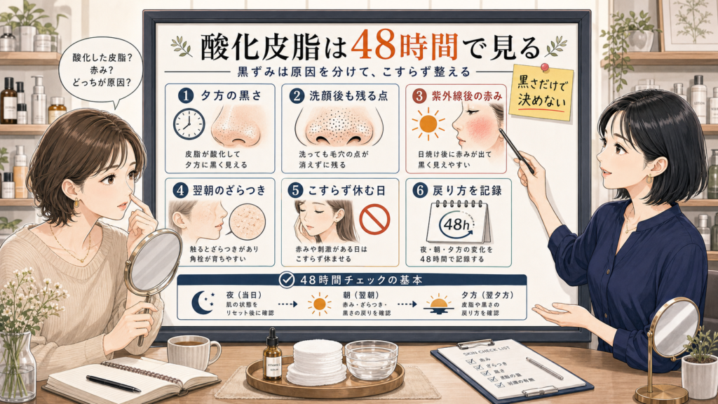 酸化皮脂に見える黒さと赤みを48時間で見分ける判断ボード