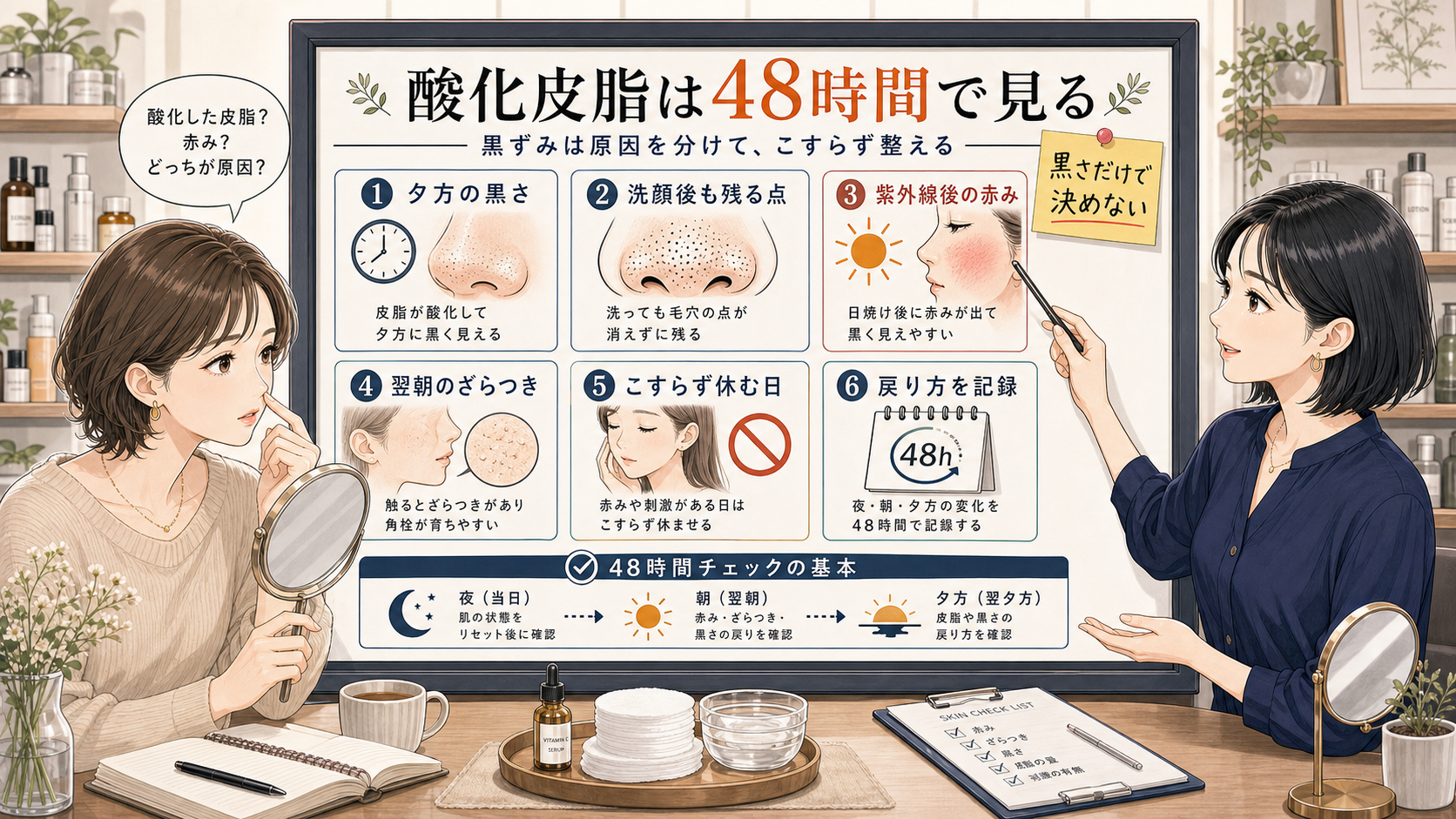 酸化皮脂に見える黒さと赤みを48時間で見分ける判断ボード