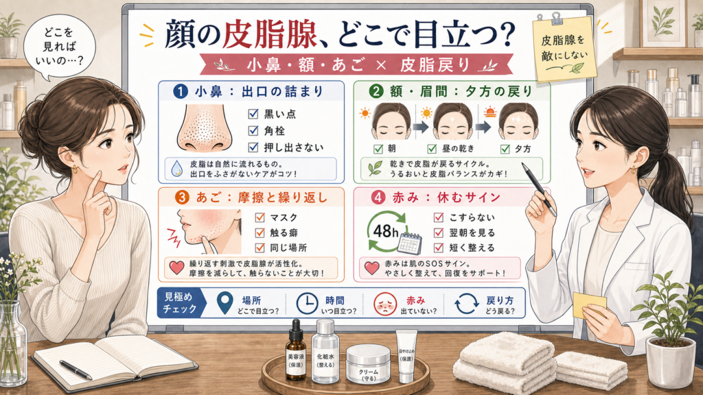 顔の皮脂腺が目立つ場所と皮脂戻りを4つの診断カードで説明する1433基準の美容相談イラスト