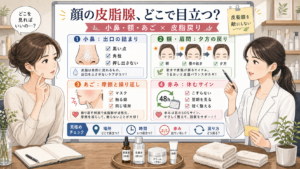 顔の皮脂腺が目立つ場所と皮脂戻りを4つの診断カードで説明する1433基準の美容相談イラスト