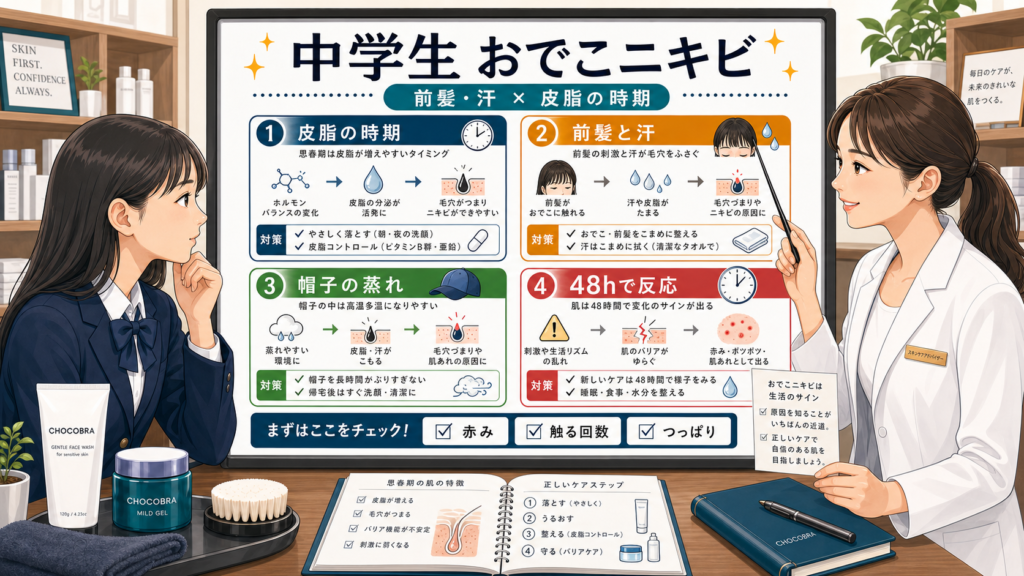 中学生のおでこニキビ原因を前髪と汗から見直す図解