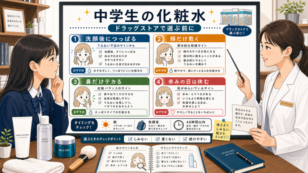 中学生の化粧水をドラッグストアで選ぶ前に見分ける1433基準の図解