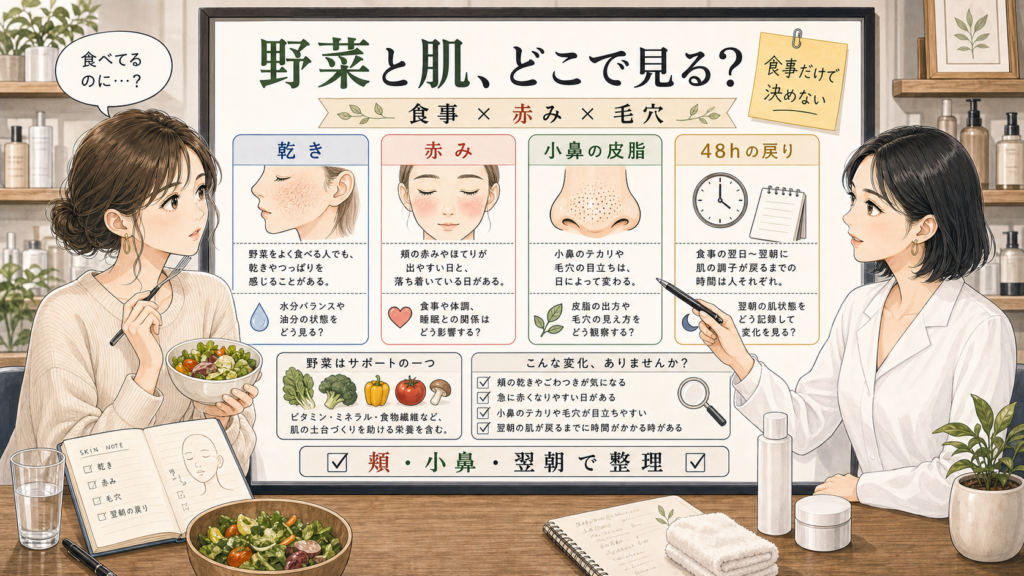 野菜をよく食べる人の肌を乾きや赤みや小鼻の皮脂で整理する美容相談ボード