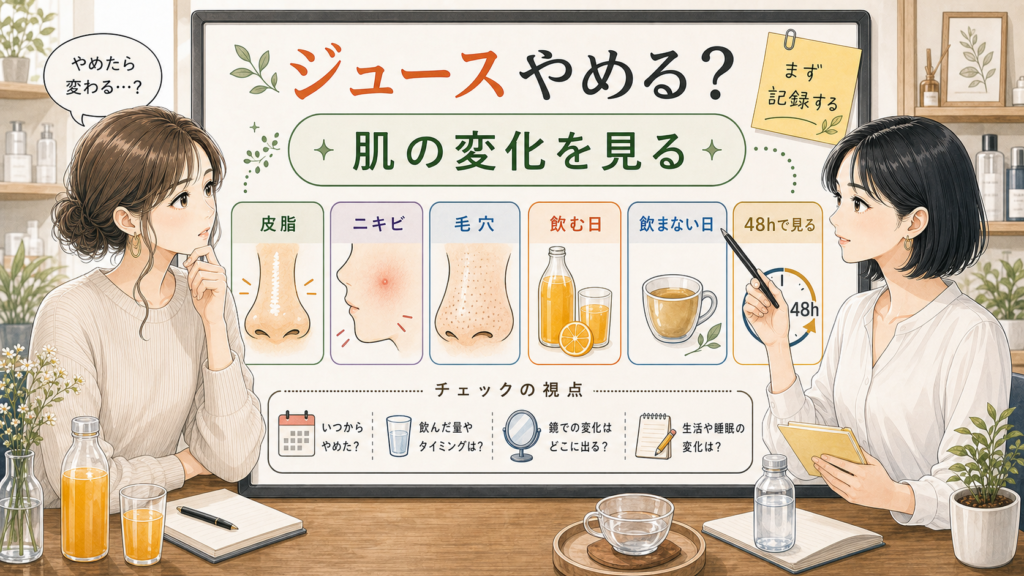 ジュースをやめた時の肌変化を皮脂、ニキビ、毛穴、48時間で見る相談ボードのアイキャッチ