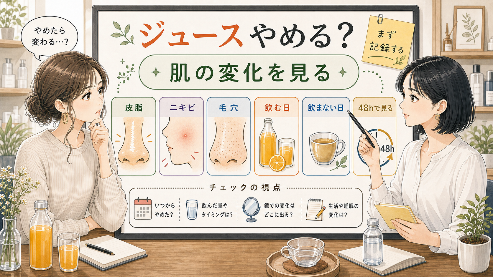 ジュースをやめた時の肌変化を皮脂、ニキビ、毛穴、48時間で見る相談ボードのアイキャッチ