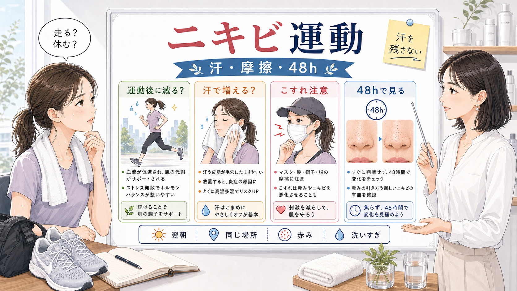 ニキビ運動の関係を汗、摩擦、赤み、洗いすぎ、48時間の戻り方で整理する美容相談ボード