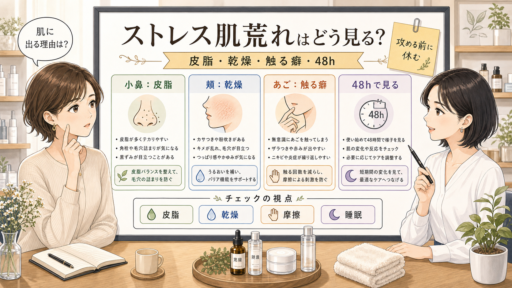 1433基準の相談ボードでストレス肌荒れを皮脂・乾燥・触る癖・48時間観察に分けて見るアイキャッチ