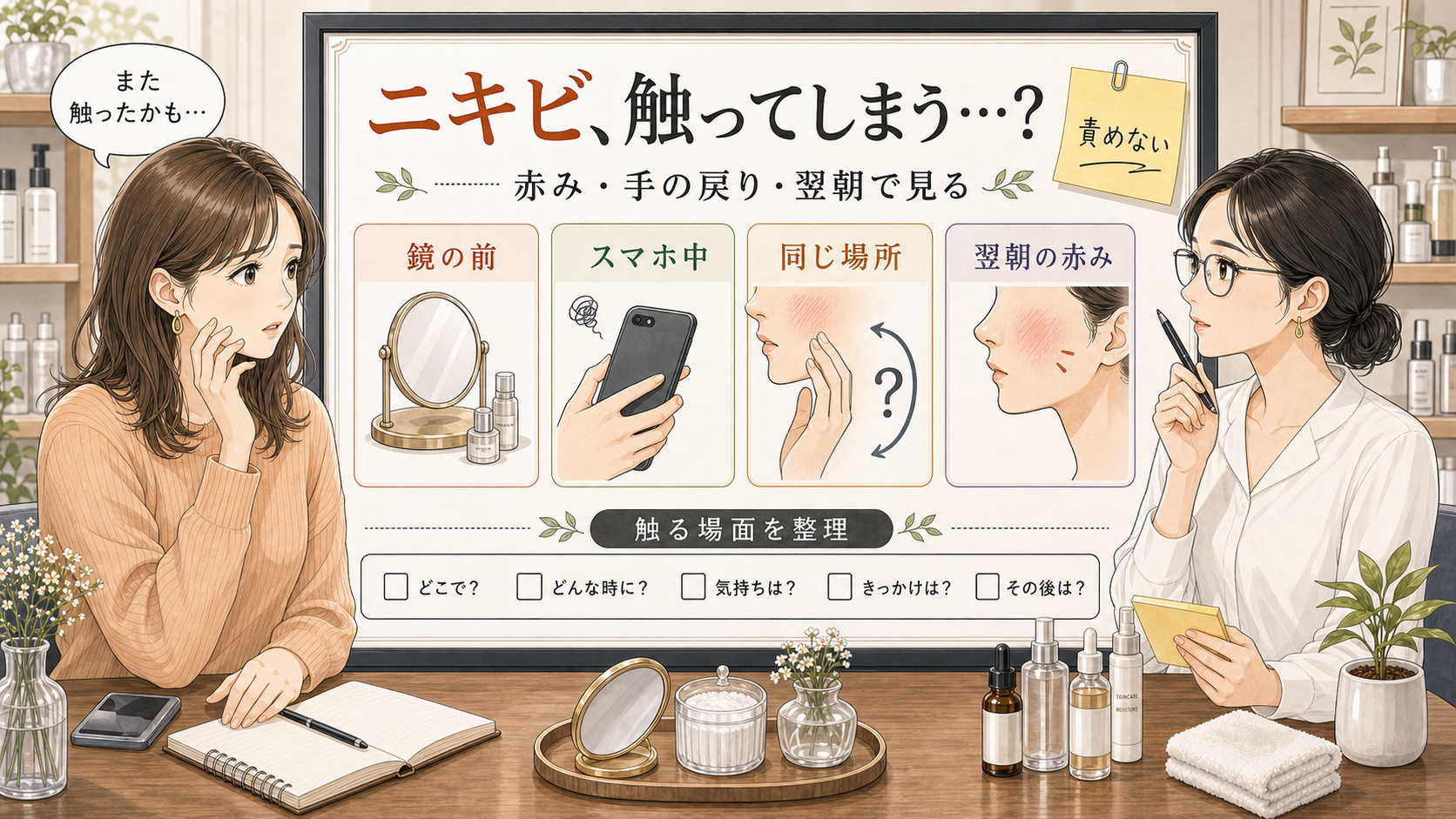 ニキビを触ってしまう時に赤みと手の戻り方を整理する美容相談ボード