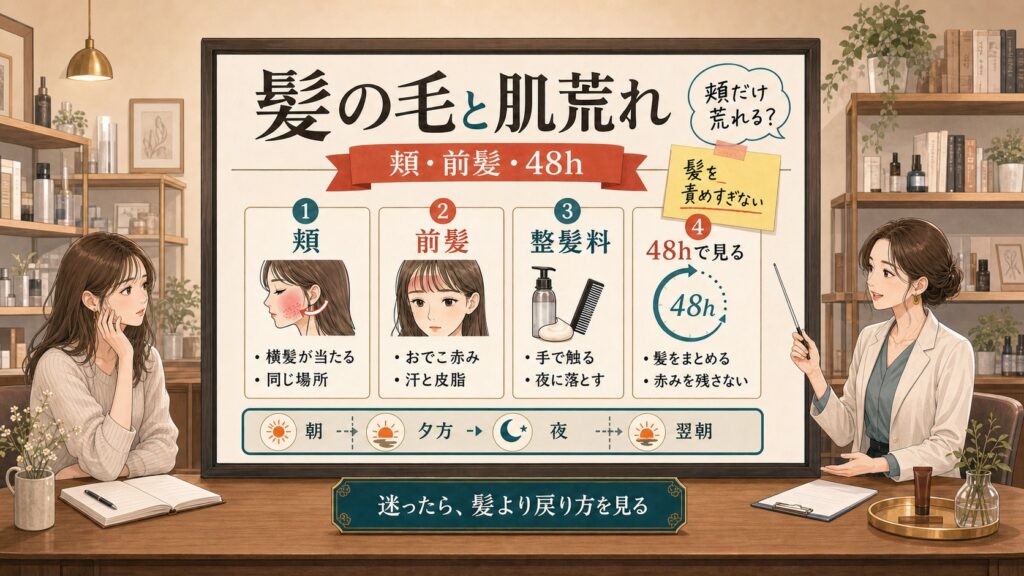 髪の毛が頬に触れる肌荒れを横髪、前髪、整髪料、48時間の戻り方で整理する美容相談ボード