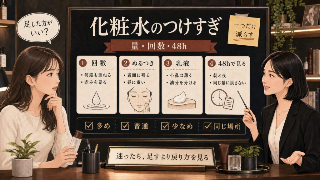 化粧水のつけすぎによるニキビや肌荒れを量、回数、乳液、48時間の戻り方で整理する美容相談ボード