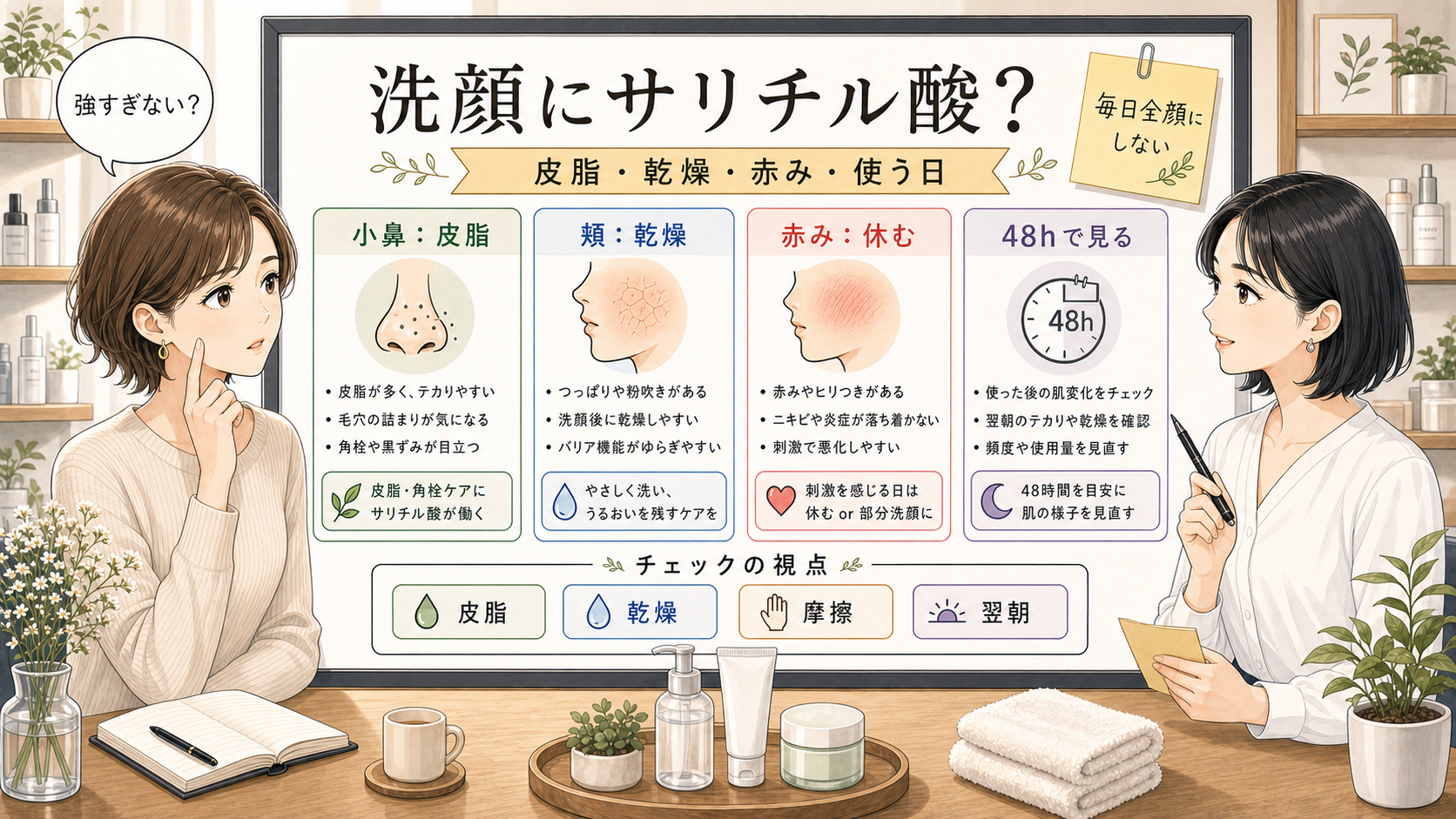1433基準の相談ボードでサリチル酸洗顔を皮脂・乾燥・赤み・翌朝の戻りから見分けるアイキャッチ