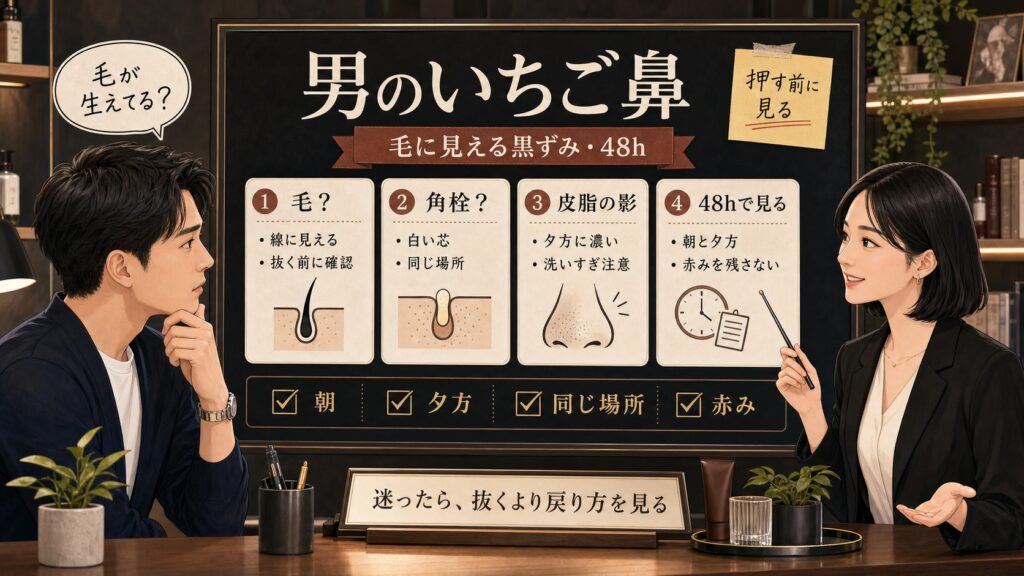 男のいちご鼻が治らない理由を毛に見える黒ずみ、産毛、角栓、皮脂、48時間の戻り方で整理する美容相談ボード