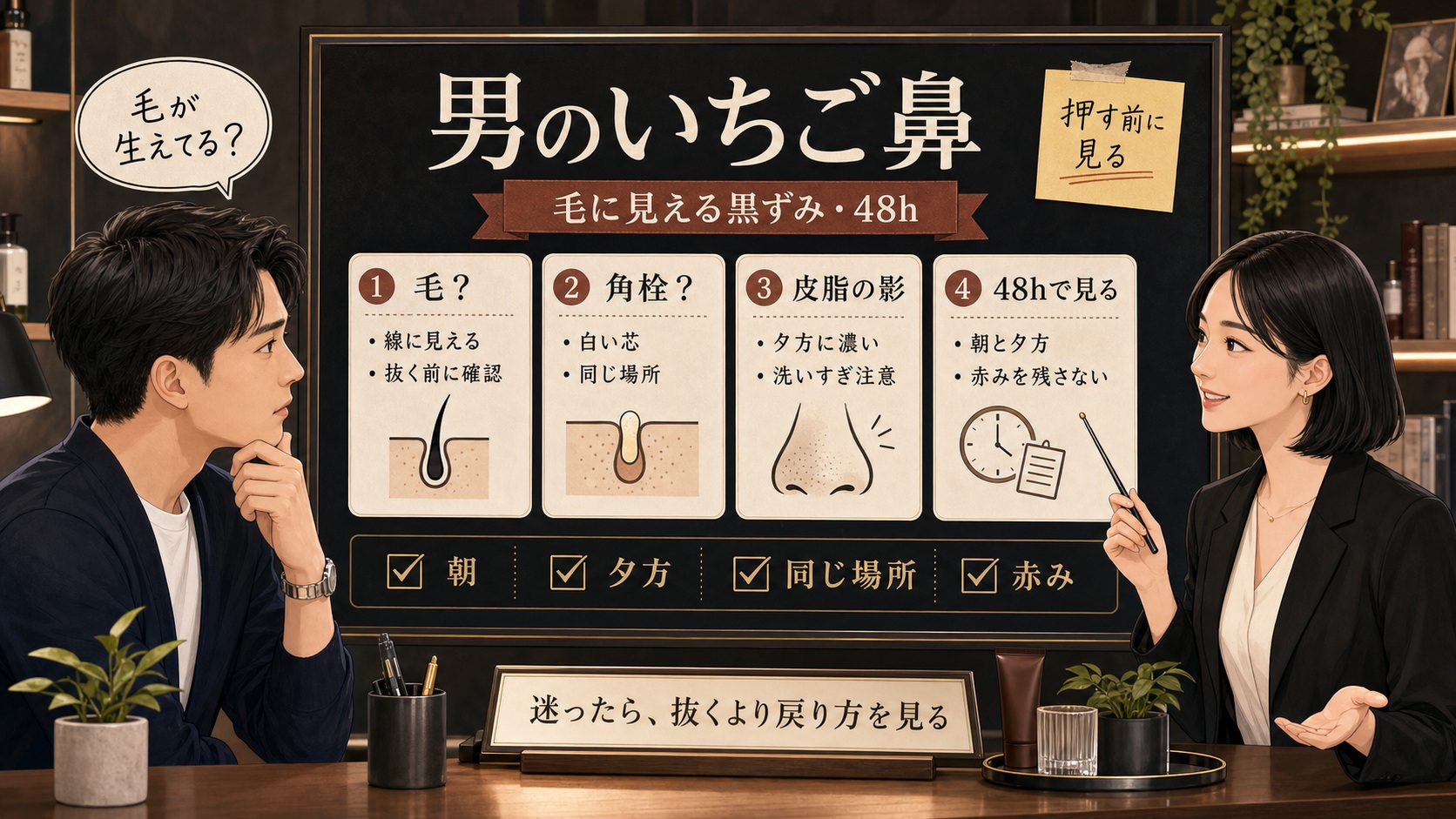 男のいちご鼻が治らない理由を毛に見える黒ずみ、産毛、角栓、皮脂、48時間の戻り方で整理する美容相談ボード