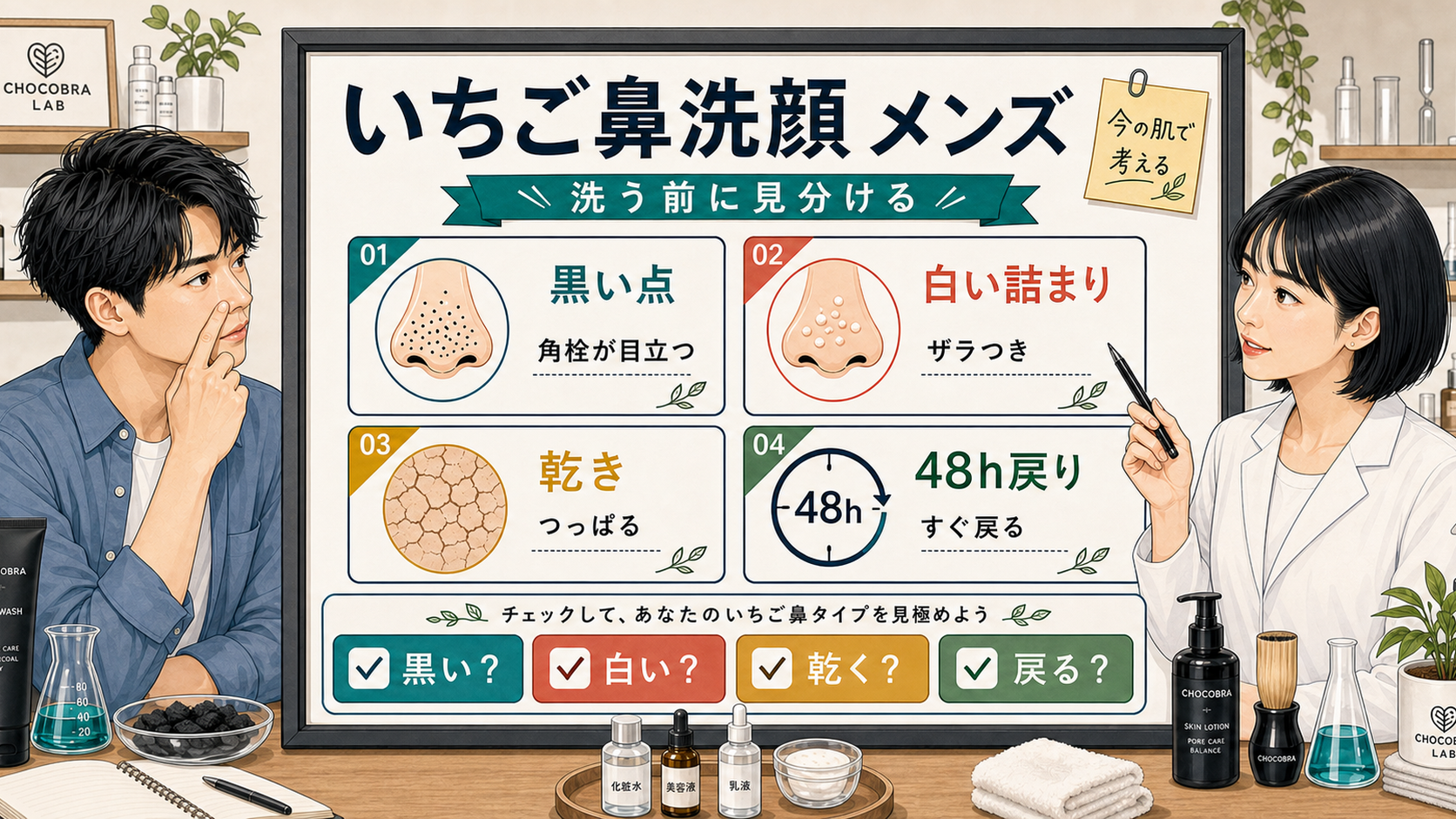 メンズのいちご鼻洗顔前に黒さと戻り方を見る吹き出しなしの1433調相談ボード