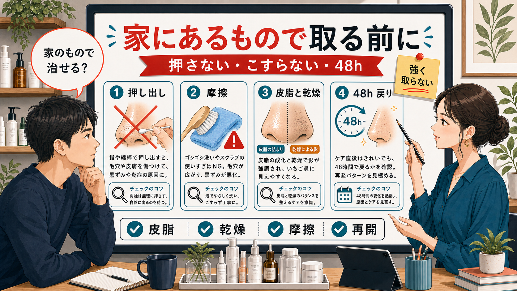 男性のいちご鼻を家にあるもので取る前に、押し出し、摩擦、皮脂と乾燥、48時間の戻り方を整理する相談ボード