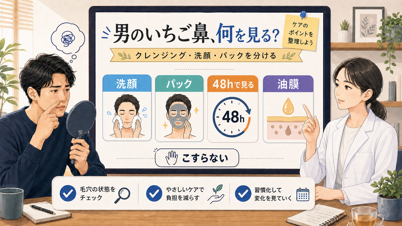 男のいちご鼻とクレンジング 洗顔 パックの違いを女性アドバイザーが整理する美容相談イラスト