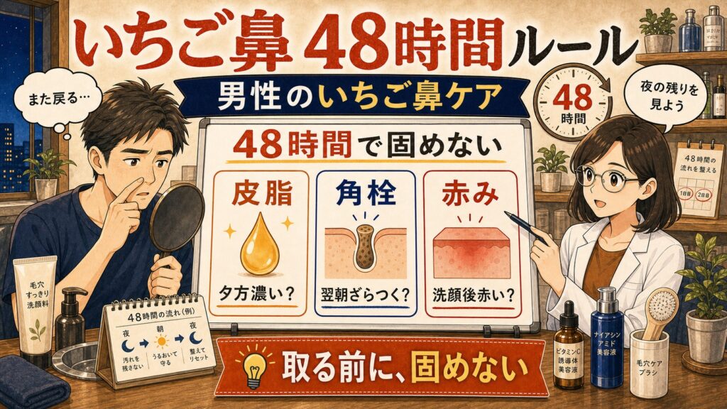 メンズいちご鼻を48時間以内に黒ずみと角栓と夜ケアで見分けるイラスト