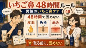 メンズいちご鼻を48時間以内に黒ずみと角栓と夜ケアで見分けるイラスト