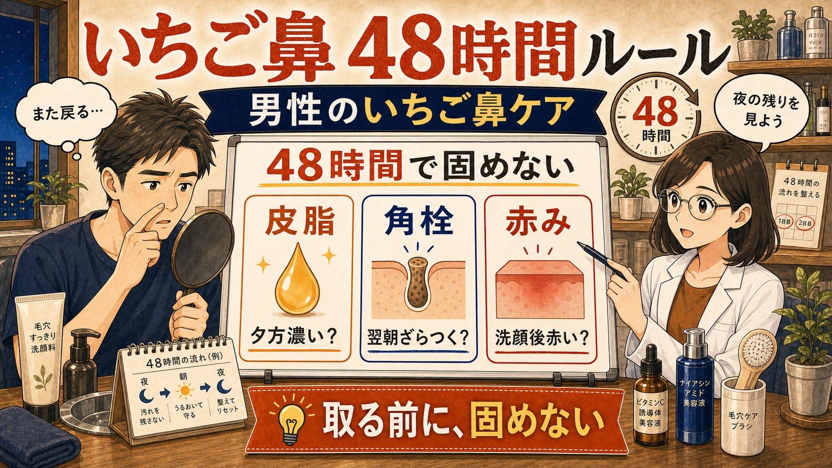 メンズいちご鼻を48時間以内に黒ずみと角栓と夜ケアで見分けるイラスト