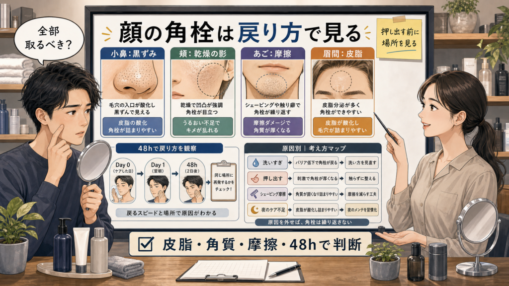 顔が角栓だらけに見える男性向けに小鼻・頬・あご・眉間を48時間で見分ける毛穴ケア診断ボード